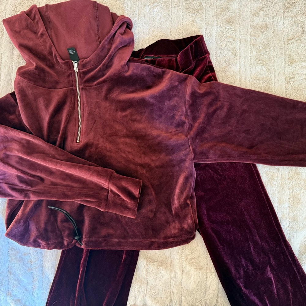 Forever 21 Burgundy Velvet Hoodie and Pants Set